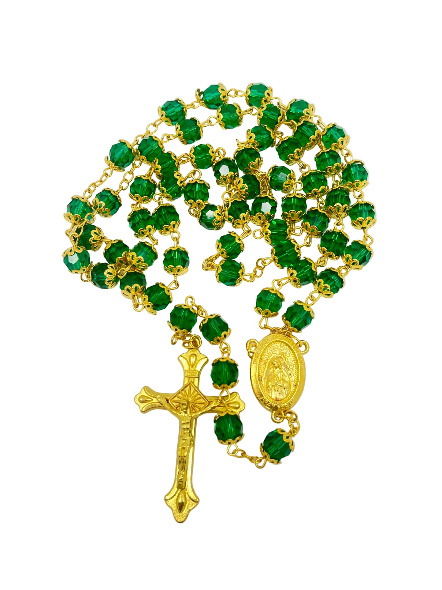 Gold and green crystal bead rosary with Our Lady of Guadalupe centerpiece and detailed gold-tone crucifix design