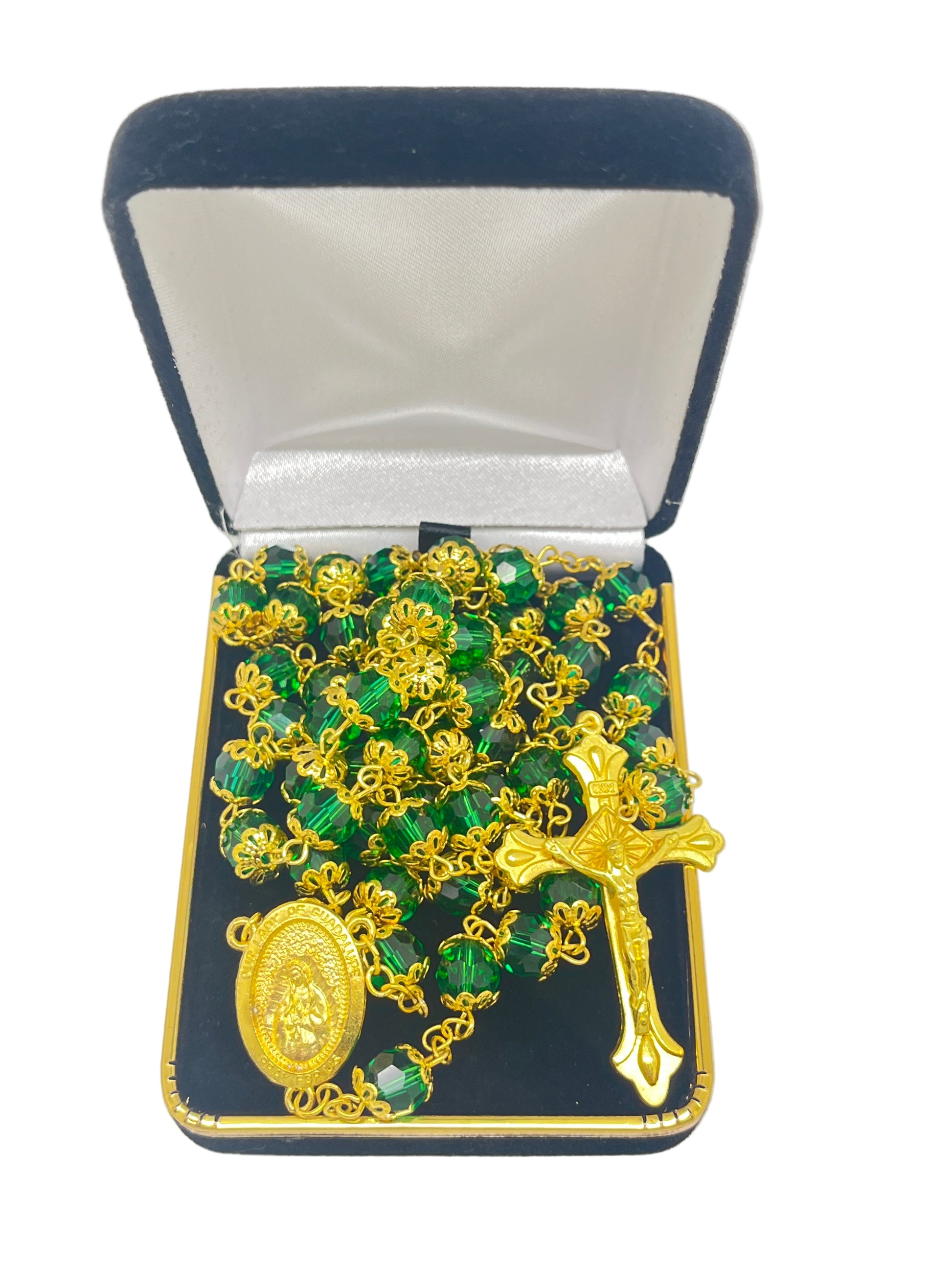 Gold green crystal bead rosary with Our Lady of Guadalupe centerpiece and gold crucifix in black velvet gift box