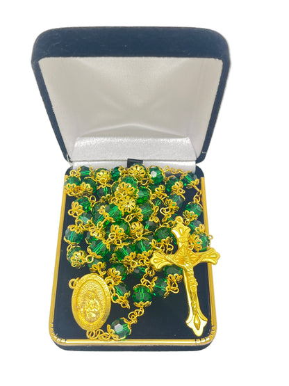 Gold green crystal bead rosary with Our Lady of Guadalupe centerpiece and gold crucifix in black velvet gift box