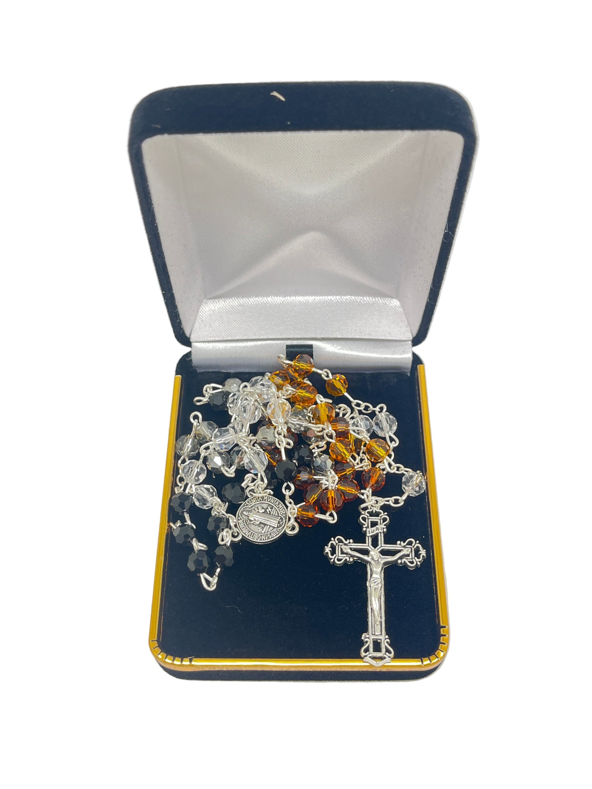 Multi-color Saint Benedict rosary with jet black, amber, brown, and clear crystals, silver crucifix, and medal in presentation box
