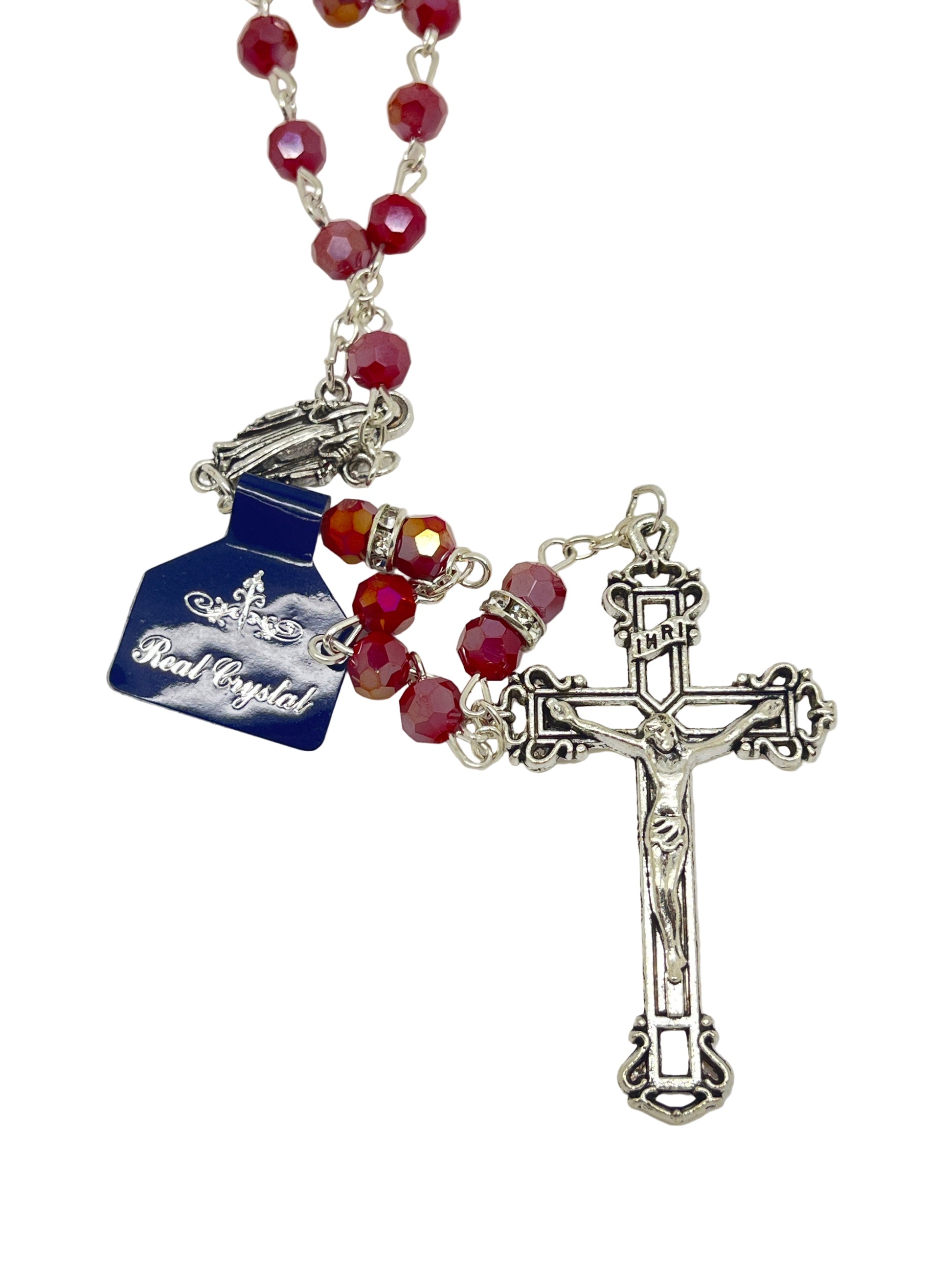 Ruby red crystal rosary with detailed silver crucifix and gold flower Our Father beads on gold chain