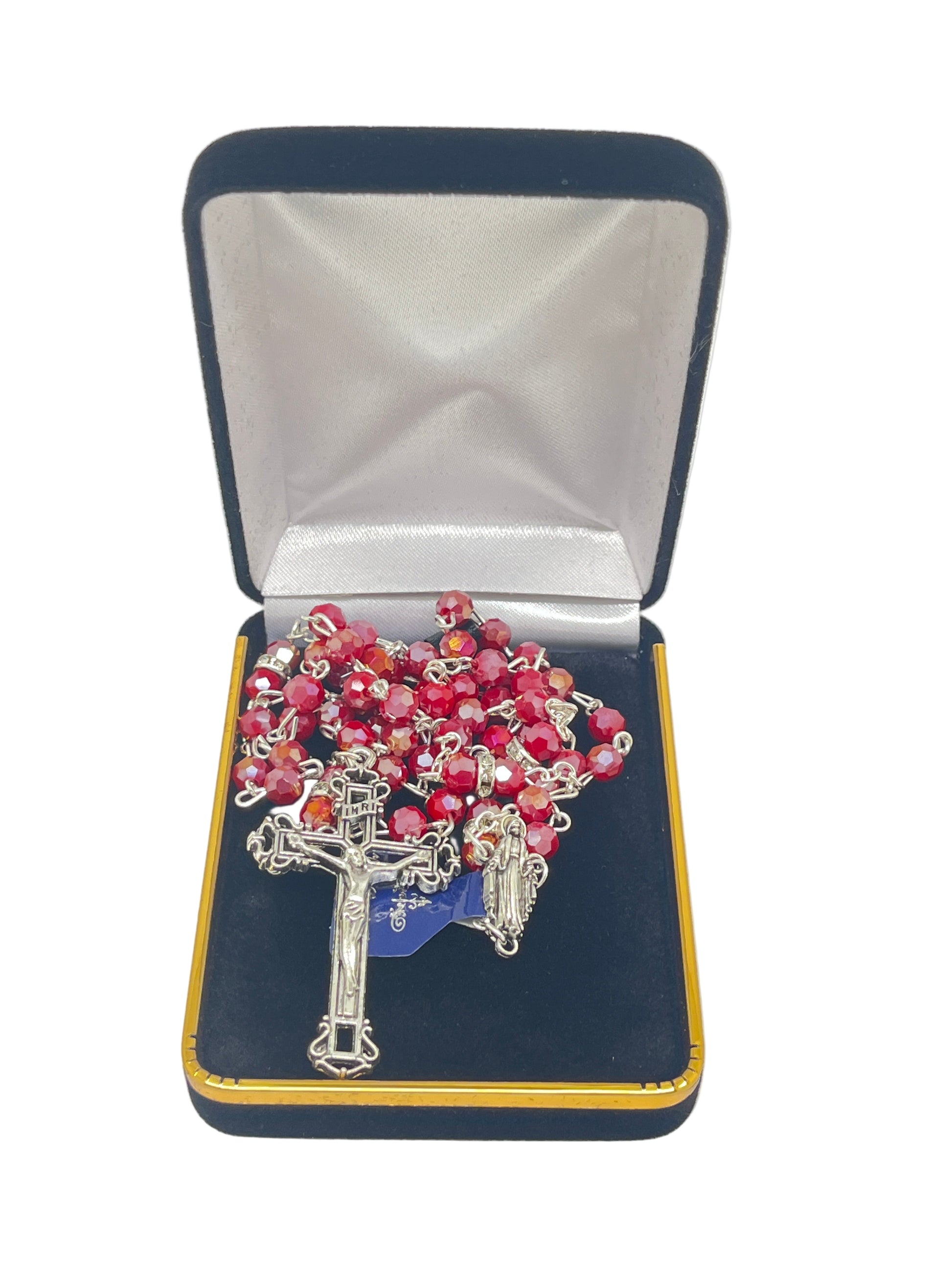 Ruby red crystal rosary with silver crucifix and Our Lady of Guadalupe centerpiece in elegant velvet jewelry box
