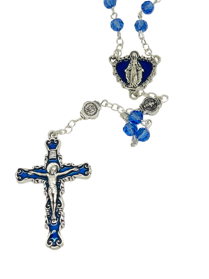 Our Lady of Miraculous Medal rosary with blue crystal beads, detailed silver crucifix, and ornate medal centerpiece