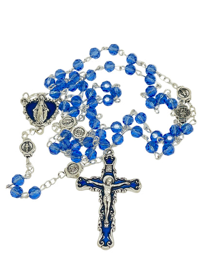 Our Lady of Miraculous Medal rosary with blue crystal beads, ornate blue and silver crucifix, and detailed medal centerpiece