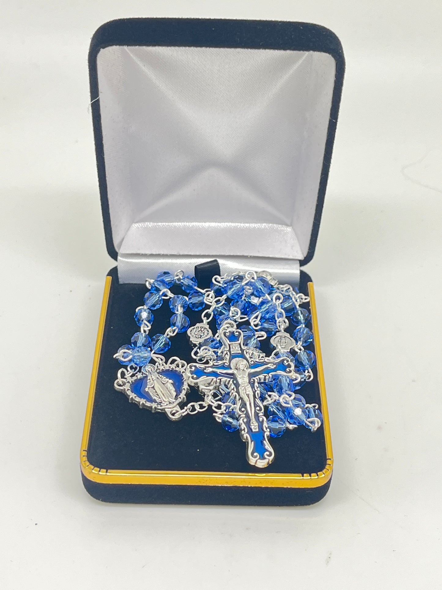 Our Lady of Miraculous Medal rosary with blue crystal beads, silver-tone crucifix, and detailed medal in velvet gift box
