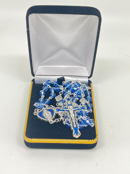Our Lady of Miraculous Medal rosary with blue crystal beads, silver-tone crucifix, and detailed medal in velvet gift box