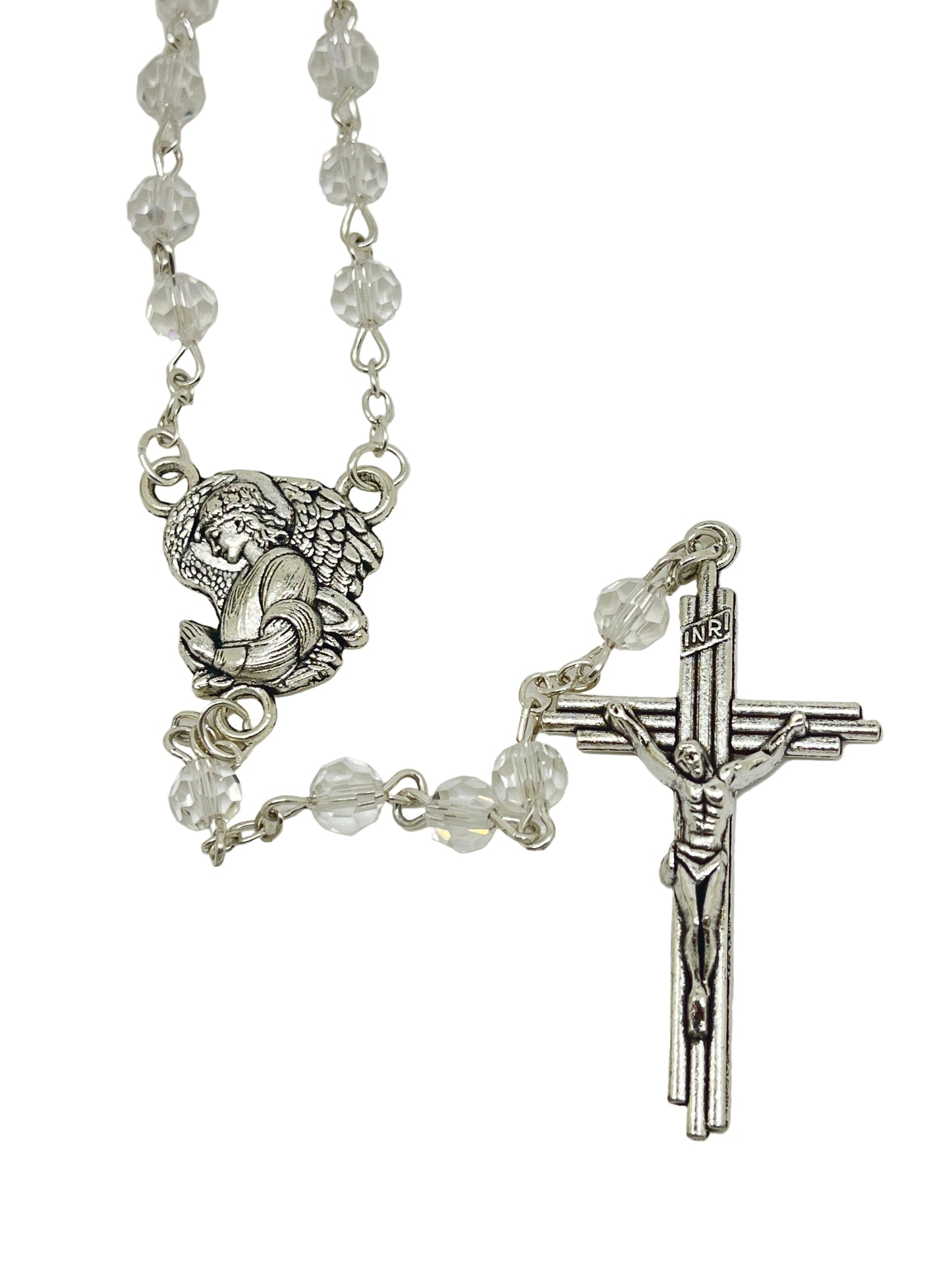 Clear crystal bead rosary with detailed Archangel centerpiece and silver crucifix, accented with silver bead caps