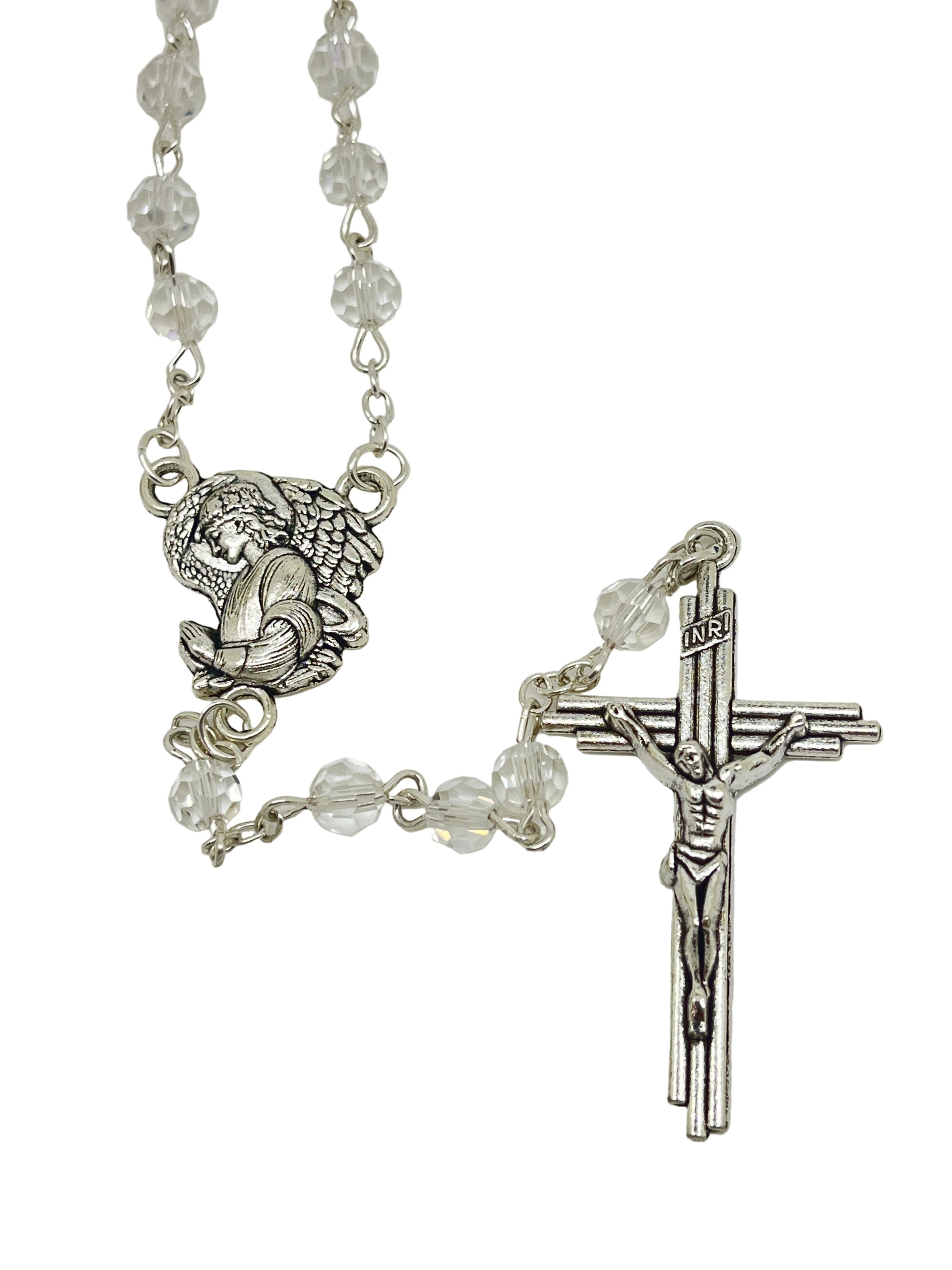 Clear crystal bead rosary with detailed Archangel centerpiece and silver crucifix, accented with silver bead caps