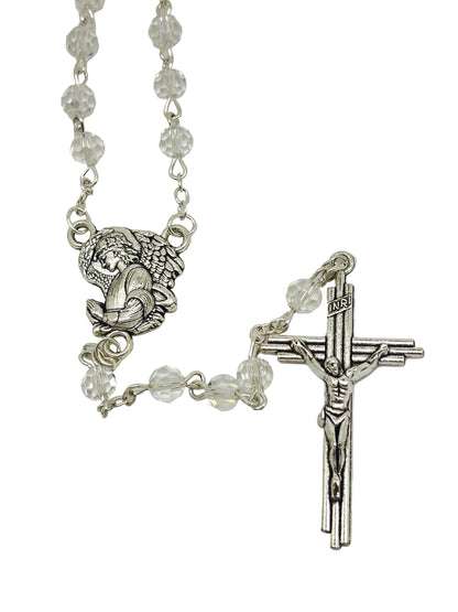 Clear crystal bead rosary with detailed Archangel centerpiece and silver crucifix, accented with silver bead caps