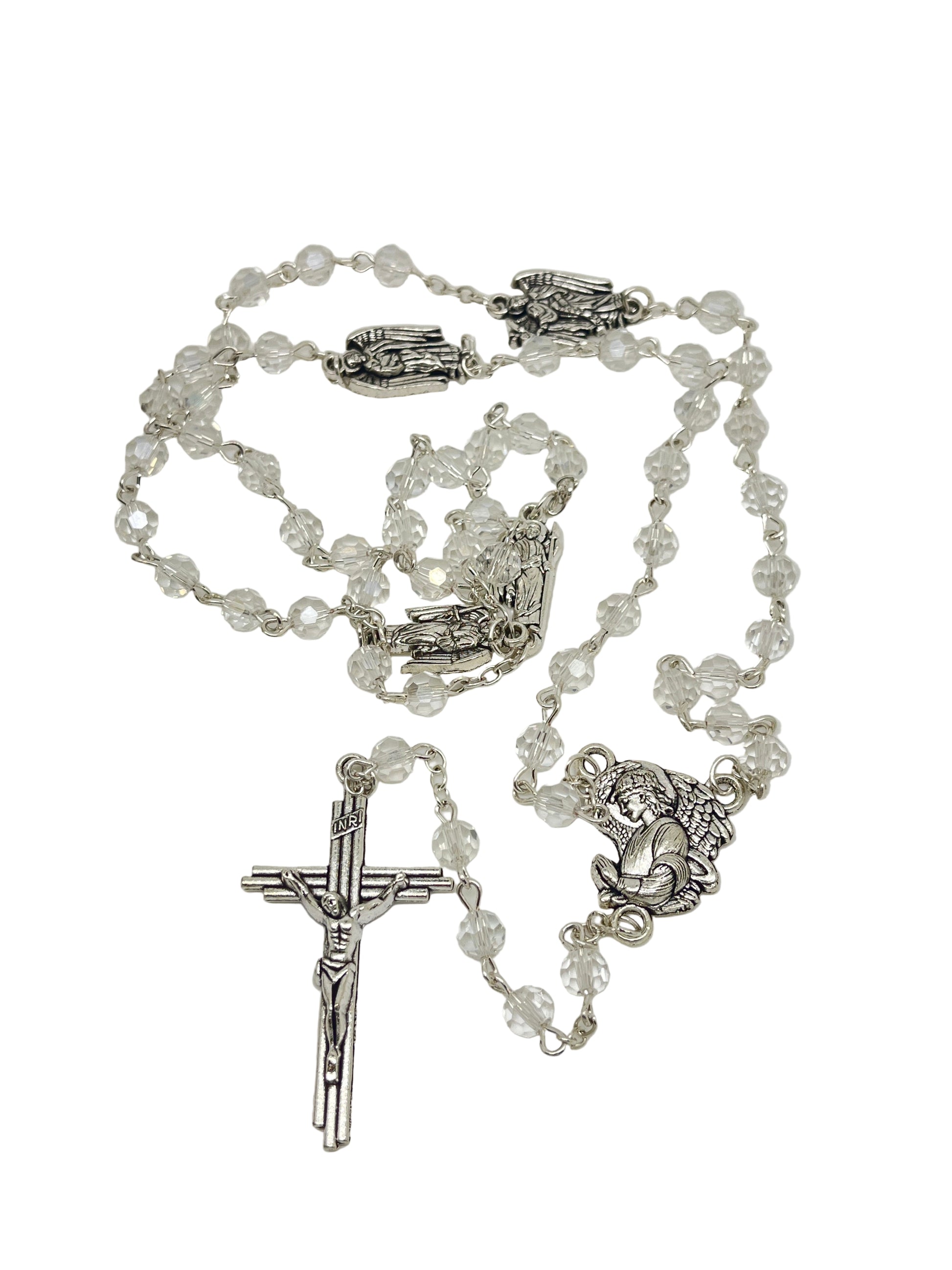 Clear crystal glass bead rosary with silver Archangel centerpiece and silver crucifix pendant, elegant religious prayer beads