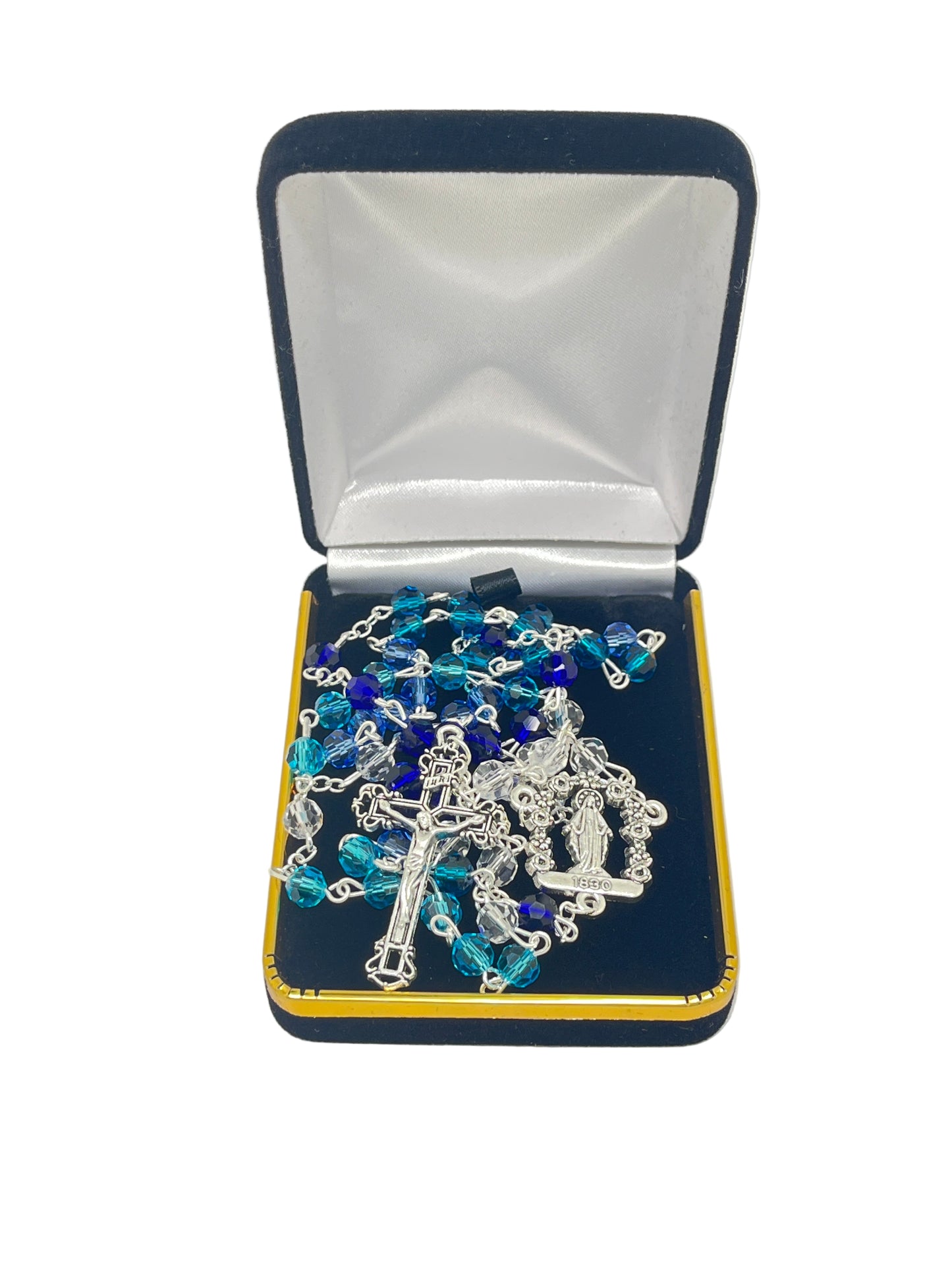 Shades of Blue Our Lady of Grace rosary with silver centerpiece and crucifix, blue crystals, in deluxe black velvet box