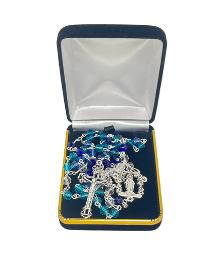 Shades of Blue Our Lady of Grace rosary with silver centerpiece and crucifix, blue crystals, in deluxe black velvet box