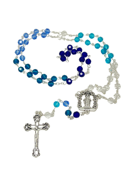 Shades of Blue rosary with crystal beads, silver Our Lady of Grace centerpiece, and matching crucifix