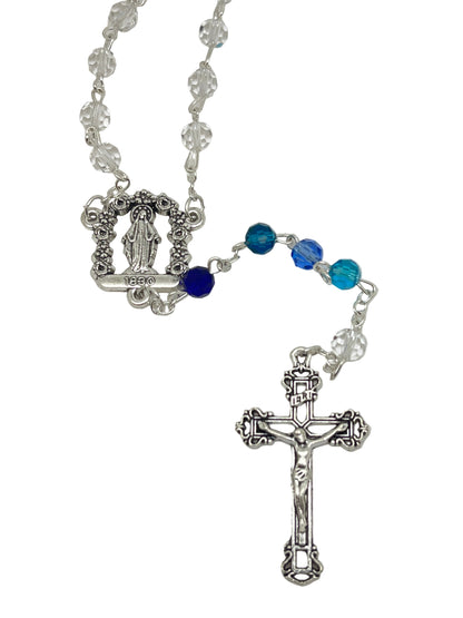 Shades of Blue rosary with silver Our Lady of Grace centerpiece, blue crystal beads, and detailed silver crucifix