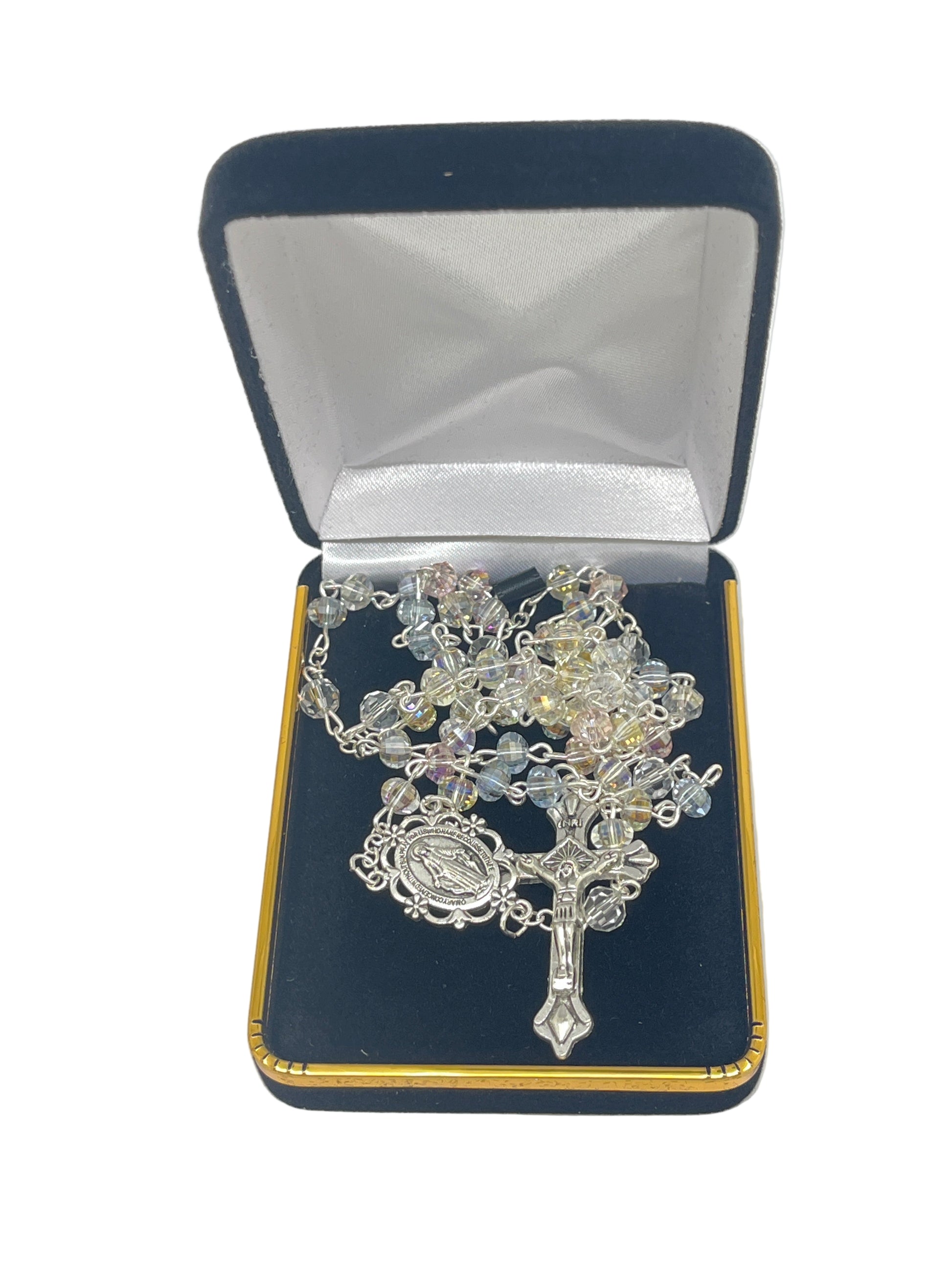 Pastel shades crystal rosary with Our Lady of Miraculous Medal centerpiece and silver crucifix in black velvet box
