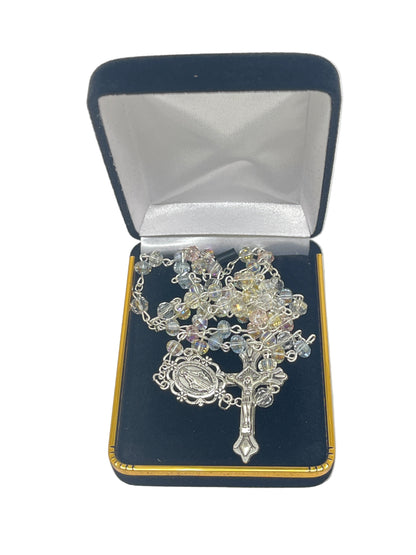Pastel shades crystal rosary with Our Lady of Miraculous Medal centerpiece and silver crucifix in black velvet box