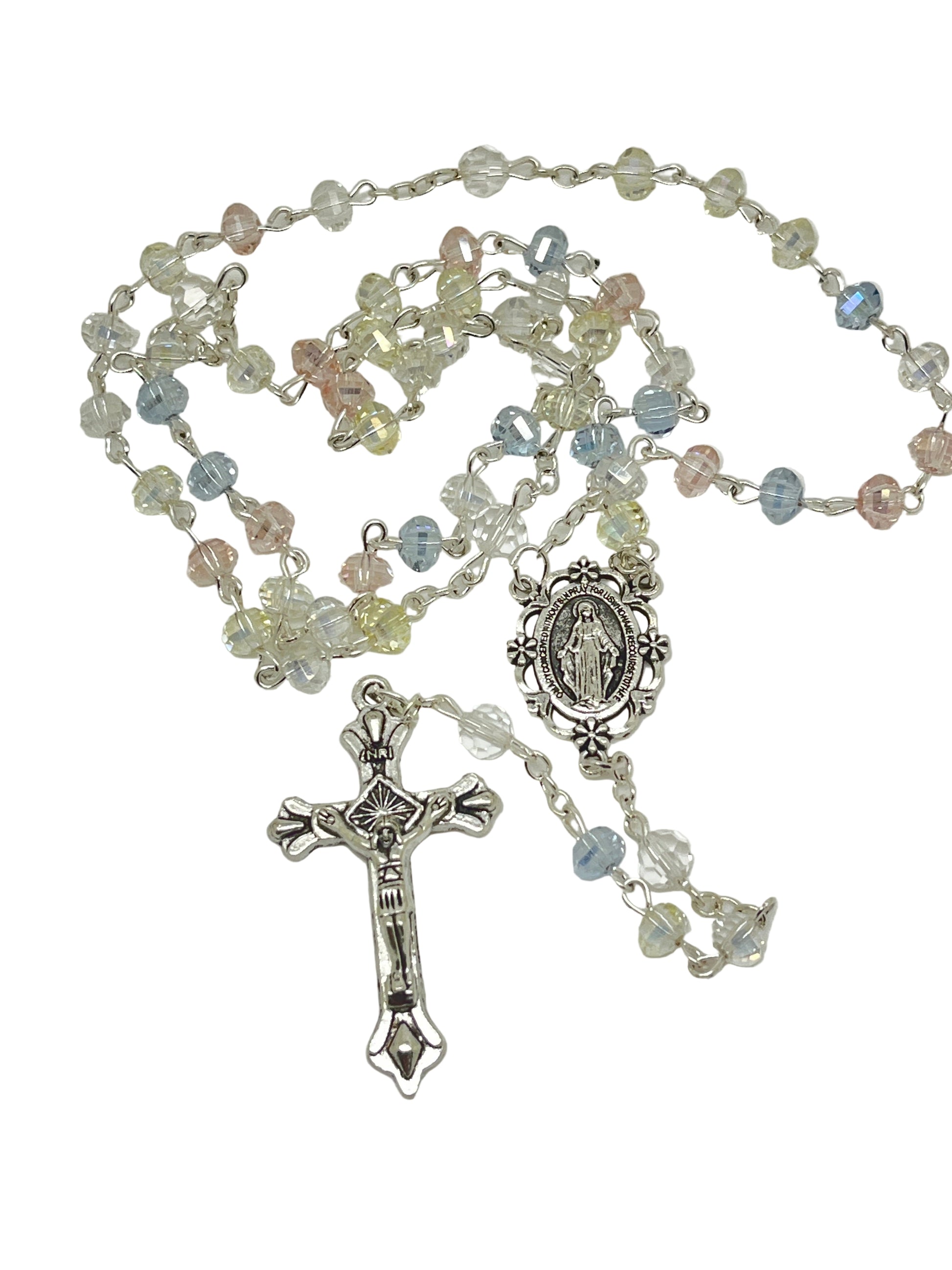 Pastel shades crystal rosary with Miraculous Medal centerpiece and silver crucifix on delicate linked chain