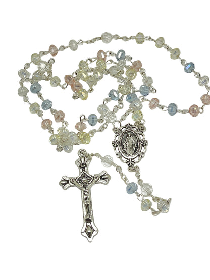 Pastel shades crystal rosary with Miraculous Medal centerpiece and silver crucifix on delicate linked chain