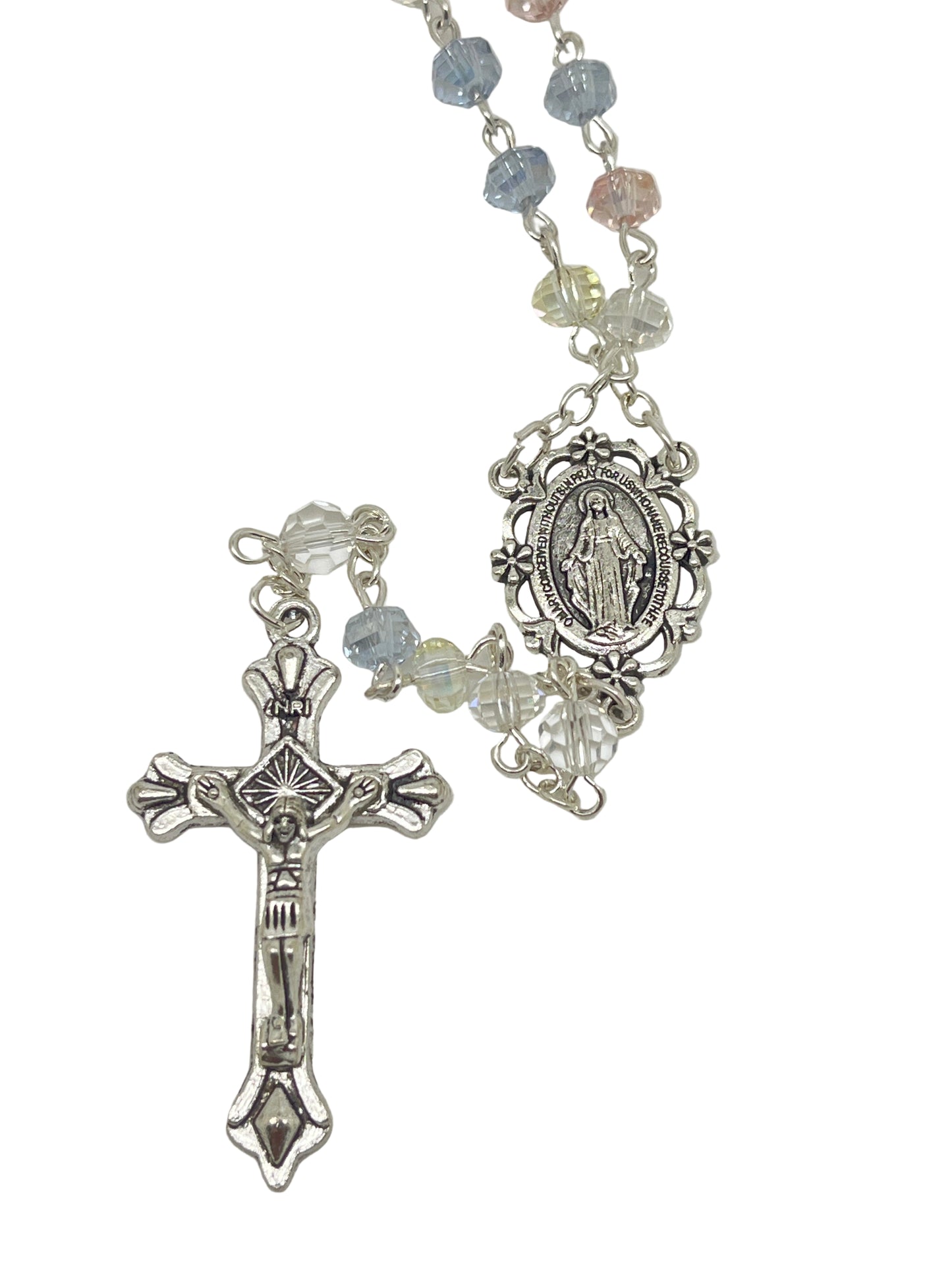 Pastel shades crystal rosary with Miraculous Medal centerpiece and silver crucifix, softly colored beads on silver chain