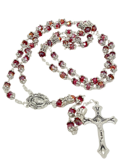 Red capped and crowned Miraculous Medal rosary with silver center medal and detailed crucifix pendant