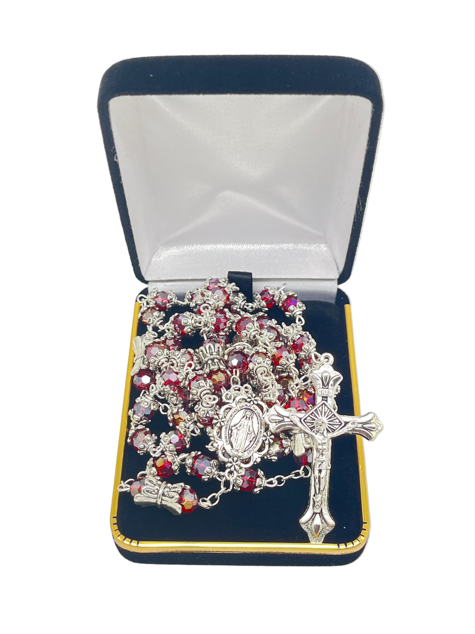 Red Capped and Crowned Miraculous Medal Rosary with silver caps, crowned Our Father beads, and detailed silver crucifix in velvet box
