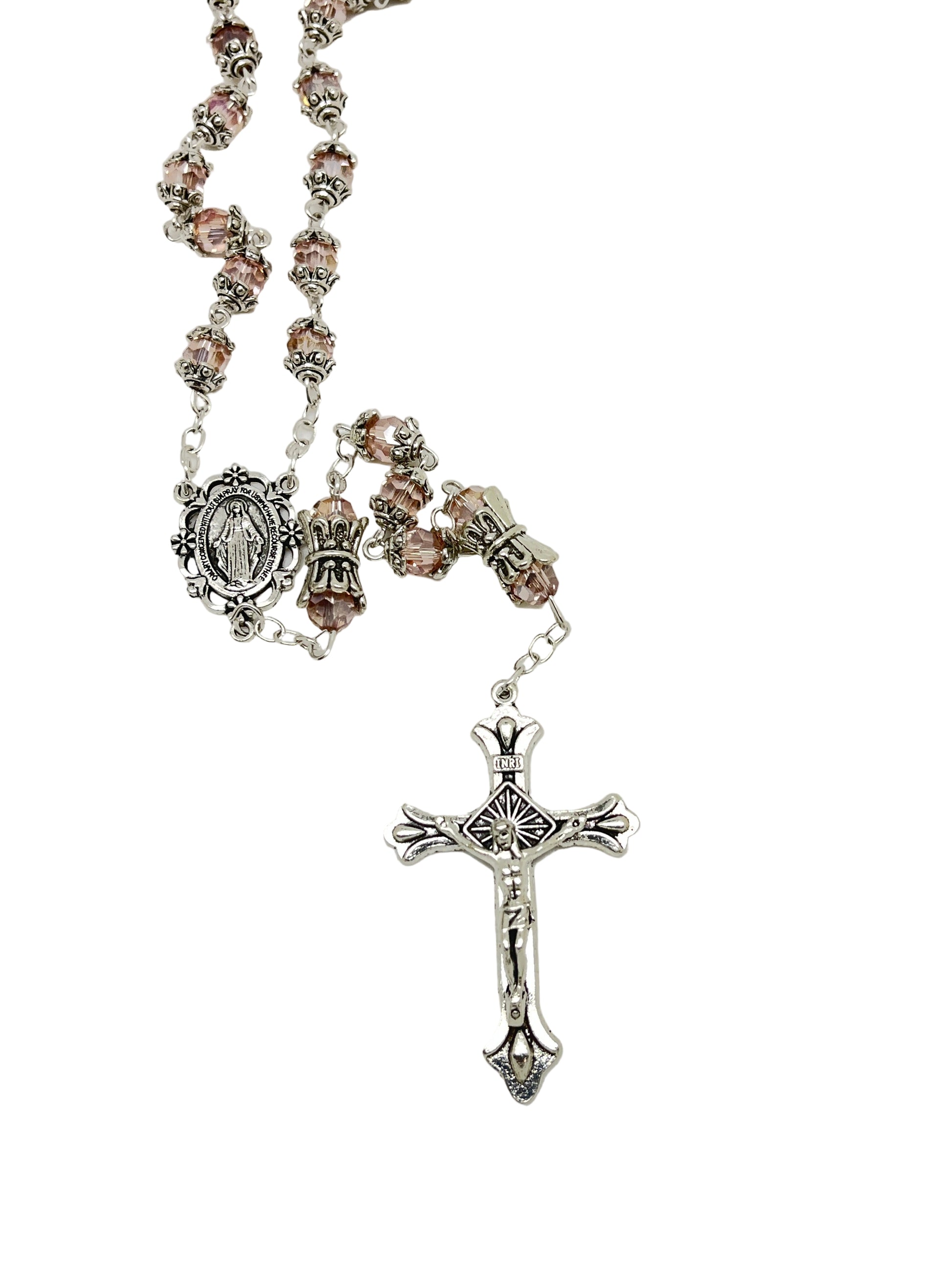 Pink capped and crowned Miraculous Medal rosary with silver center and detailed crucifix pendant