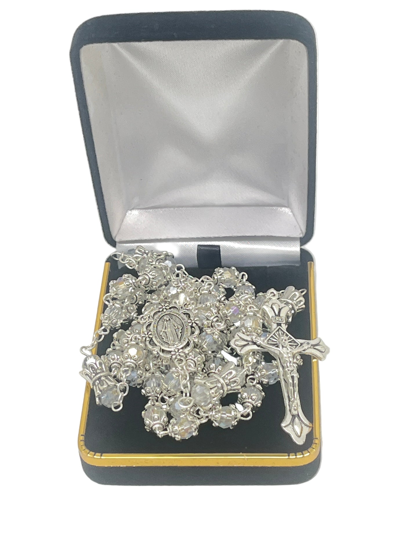 Silver capped crystal bead rosary with crowned Our Father beads and Miraculous Medal centerpiece in black jewelry box