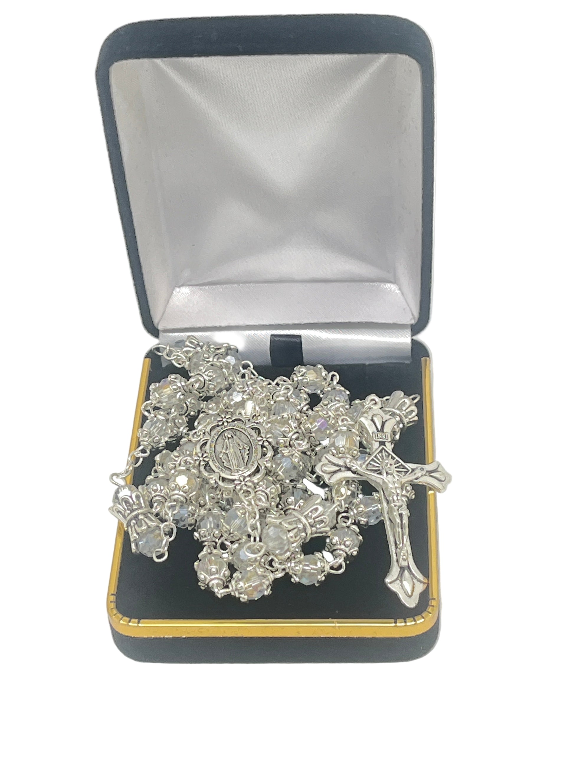 Silver capped crystal bead rosary with crowned Our Father beads and Miraculous Medal centerpiece in black jewelry box