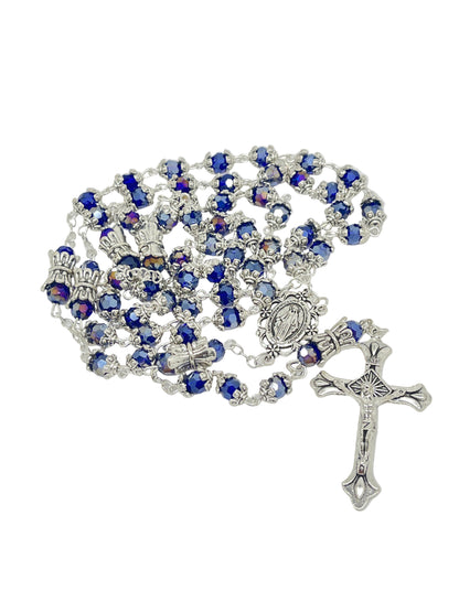 Blue crystal bead rosary with silver caps, silver miraculous medal crowns, and silver center featuring Our Lady of Grace