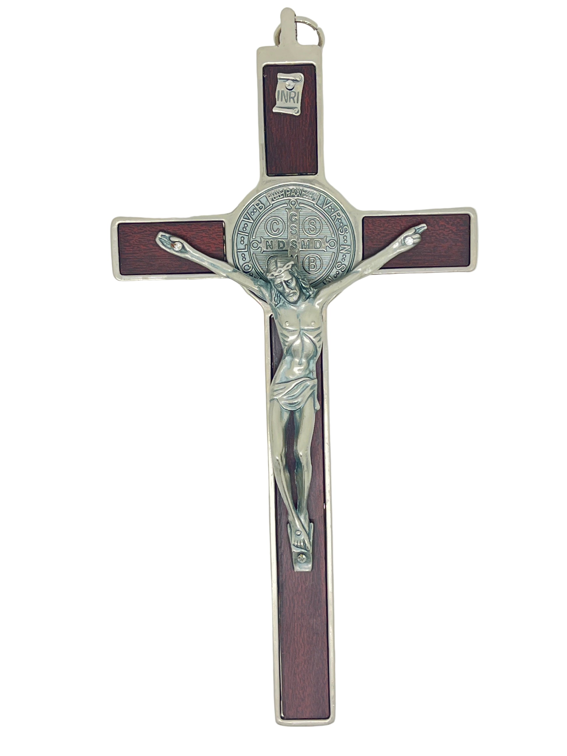 7 1/2" olive wood Saint Benedict crucifix with metal figure of Jesus and detailed Benedict medal on cross
