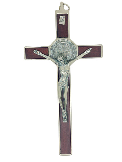 7 1/2" olive wood Saint Benedict crucifix with metal figure of Jesus and detailed Benedict medal on cross
