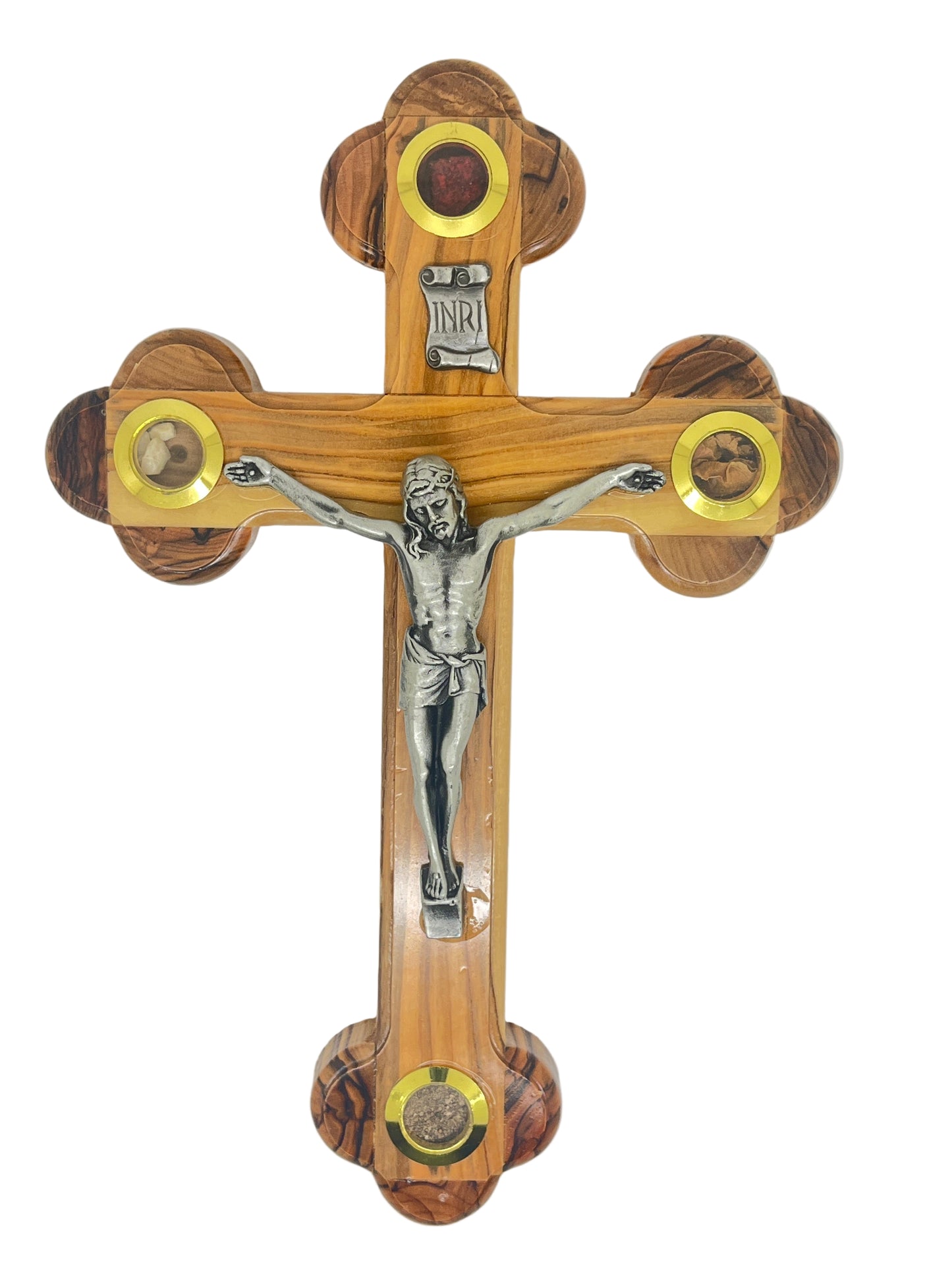 Hand-carved olive wood Byzantine crucifix with silver tone corpus and four embedded relic elements from the Holy Land