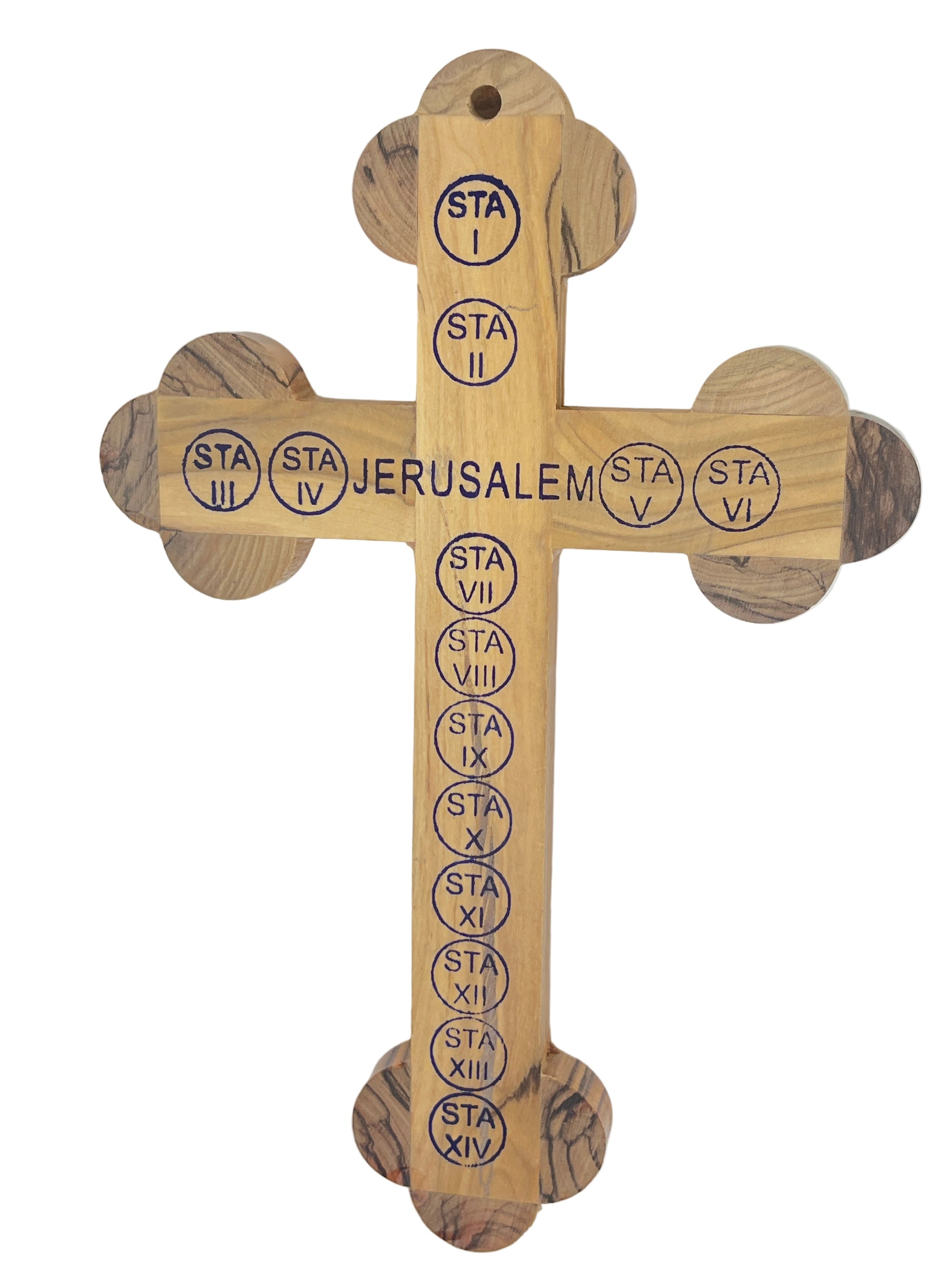 Olive wood Jerusalem cross with Stations of the Cross numbered circles engraved on front