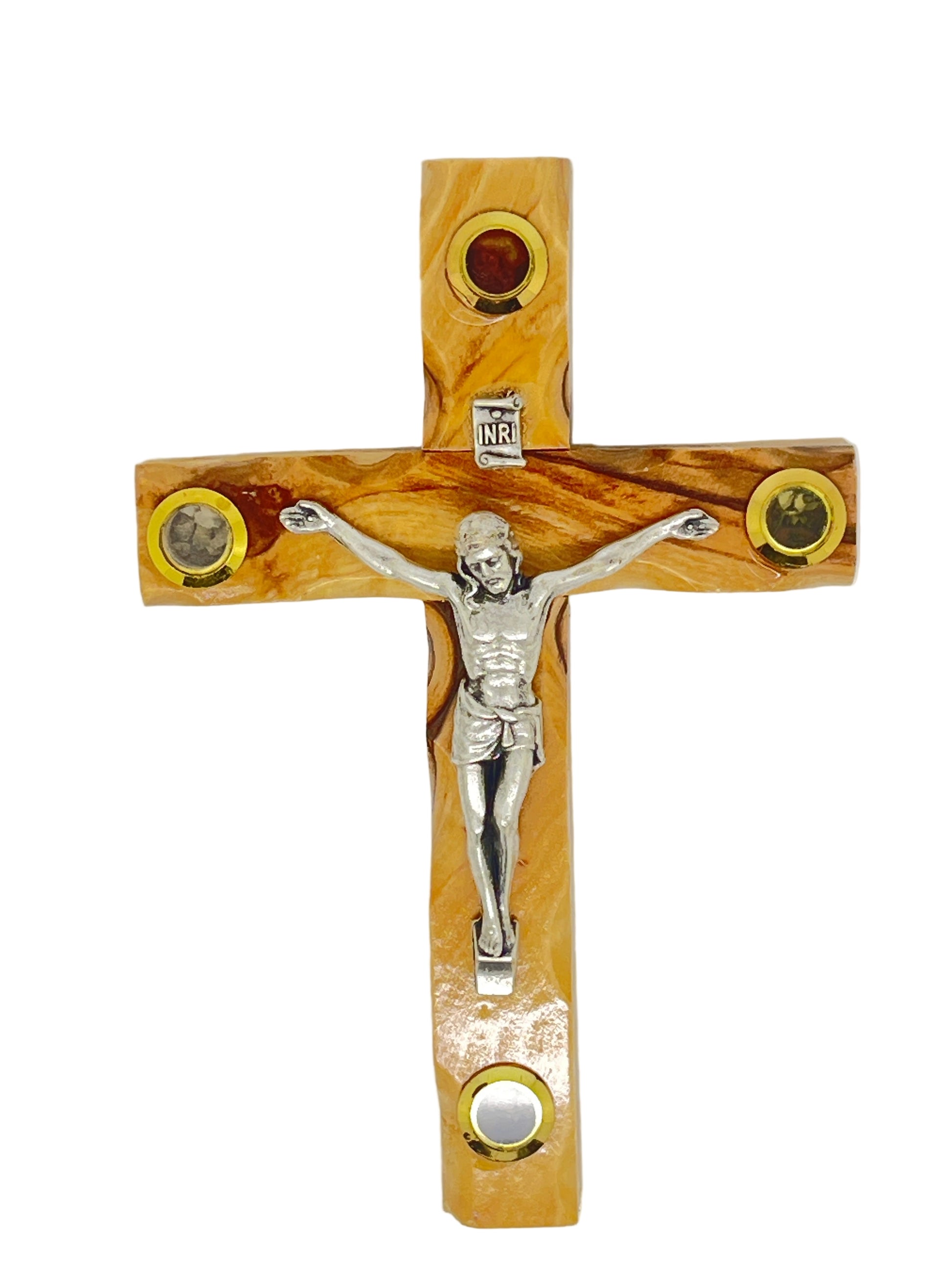 Hand-carved olive wood crucifix with silver Jesus figure, INRI plaque, and four holy element glass insets from Jerusalem