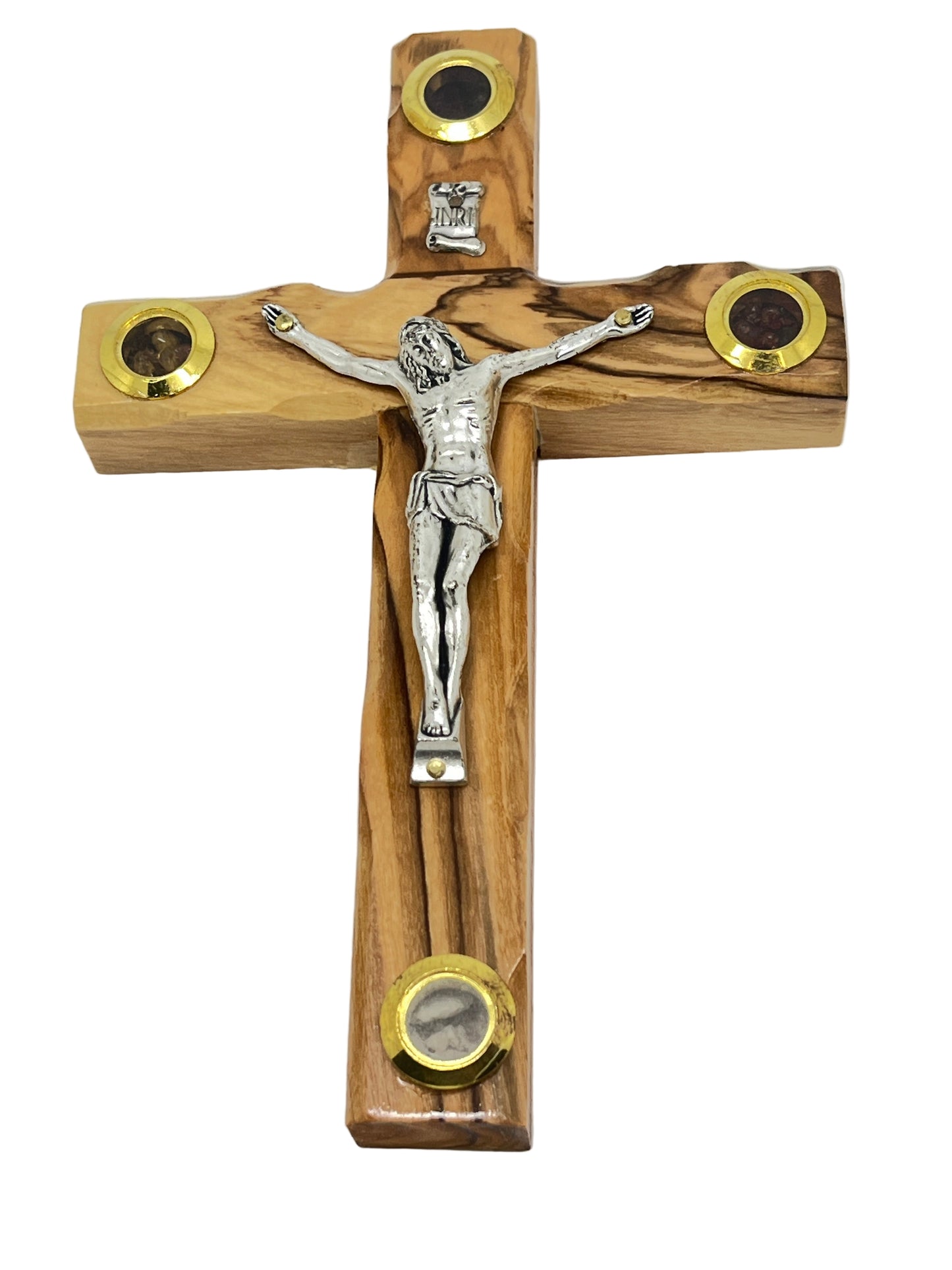 Hand-carved olive wood crucifix with silver Jesus figure, INRI plaque, and four holy elements in gold-trimmed glass vials