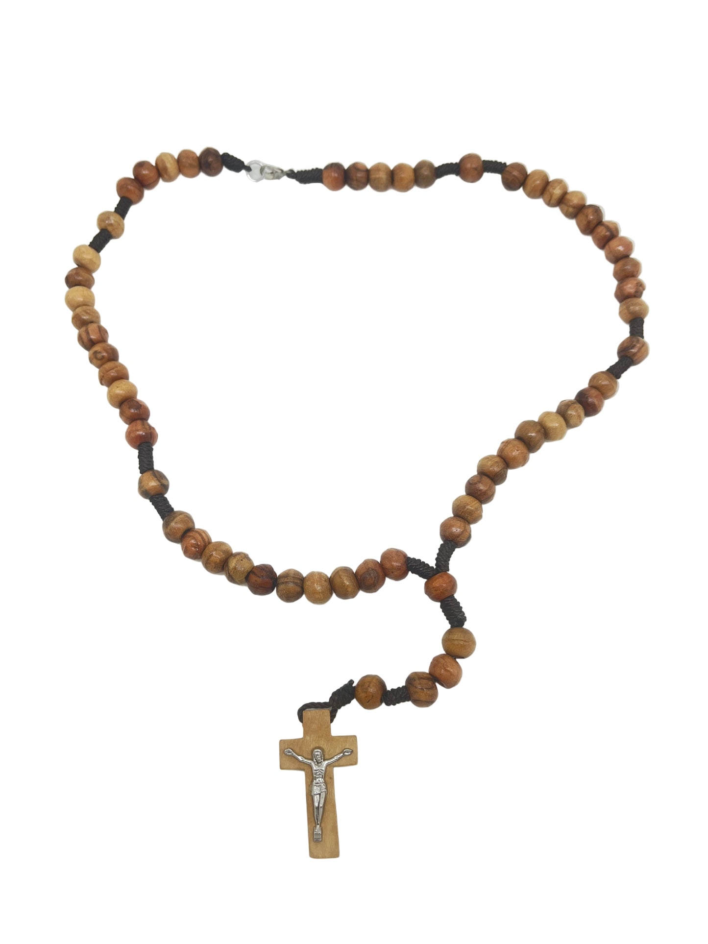 Handmade Olive Wood Rosary Necklace from Jerusalem with natural wooden beads and detailed crucifix pendant.