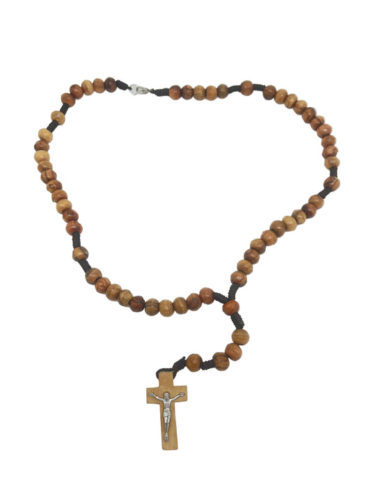 Handmade Olive Wood Rosary Necklace from Jerusalem with natural wooden beads and detailed crucifix pendant.