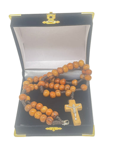 Olive wood rosary necklace from Jerusalem with silver crucifix, handmade beads in black velvet gift box.