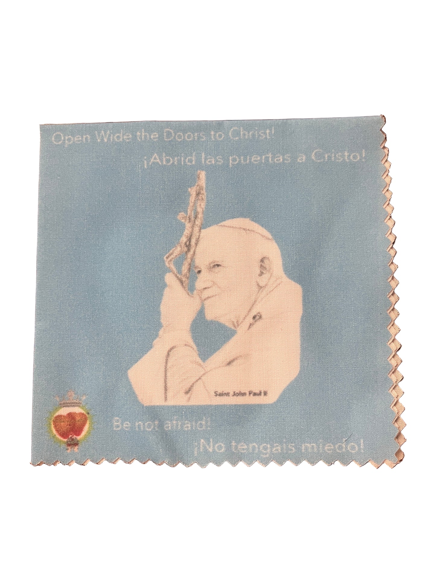 Light blue St. Pope John Paul II relic handkerchief with his image, prayers in English and Spanish, and scalloped edges