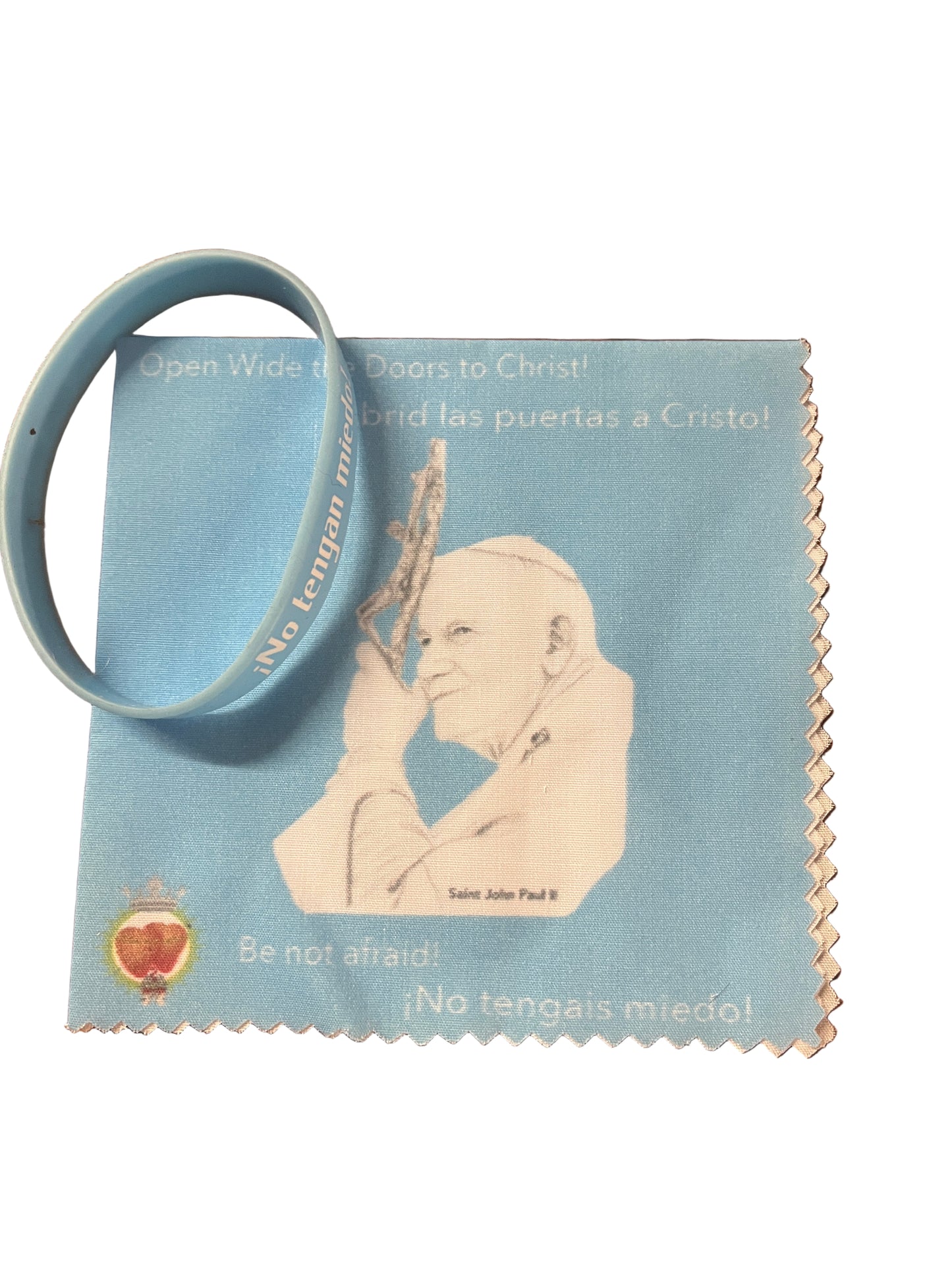 St. Pope John Paul II third degree relic handkerchief with blue rubber bracelet reading Do not be afraid and No tengan miedo