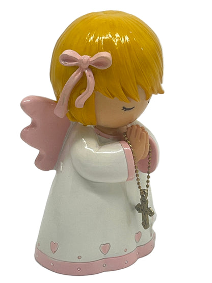 3.5" Guardian Angel for Girls Little Drops figurine with yellow hair, pink wings, white dress, and rosary cross