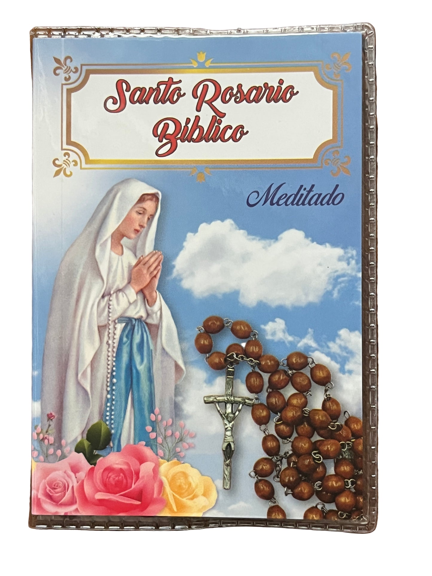 Meditative biblical rosary book cover with praying Virgin Mary, rosary beads, and floral accents against blue sky background