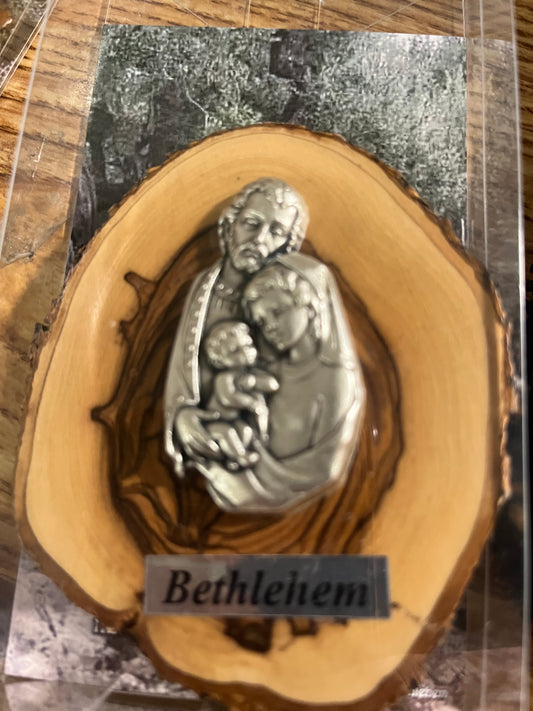 Metal Holy Family centerpiece on natural Bethlehem olive wood slice magnet plaque with Bethlehem label
