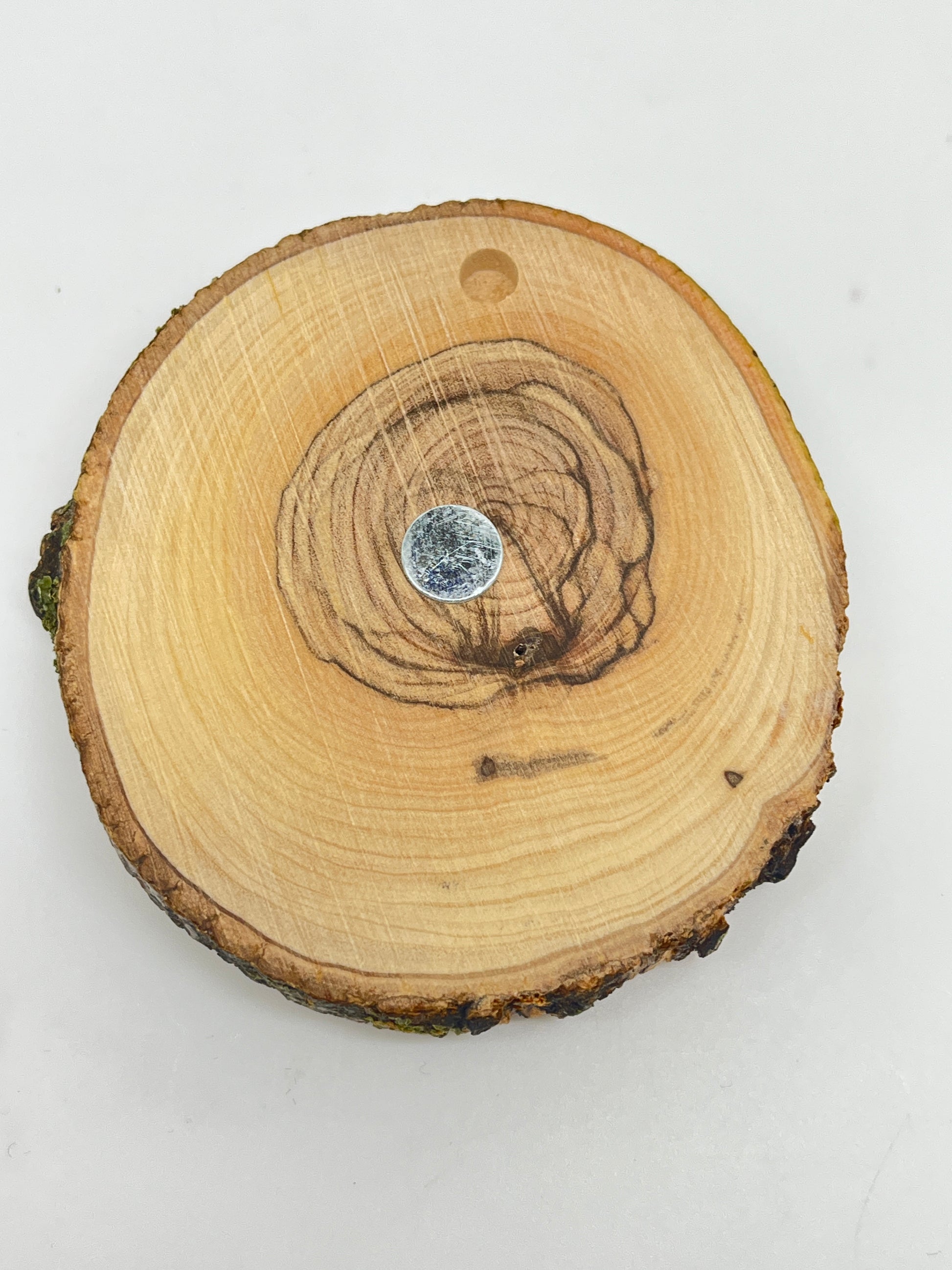 Back view of round Bethlehem olive wood magnet plaque with natural bark edge and strong central magnet