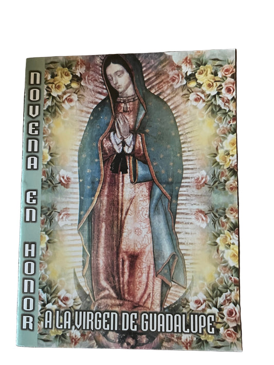 Prayer booklet titled Novena en Honor a la Virgen de Guadalupe with image of Virgin Mary surrounded by roses