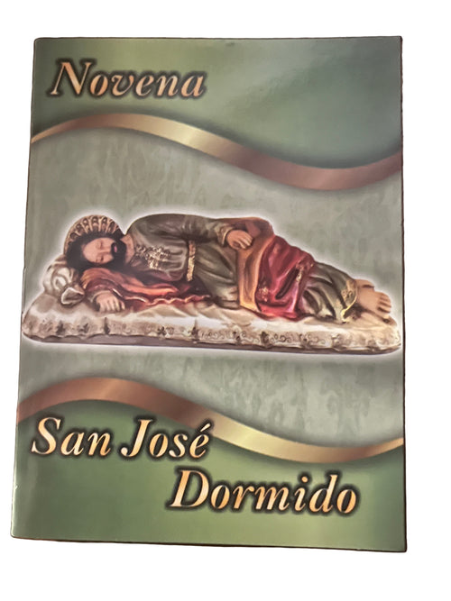 Novena prayer booklet featuring San José Dormido sleeping figure with green and gold decorative background