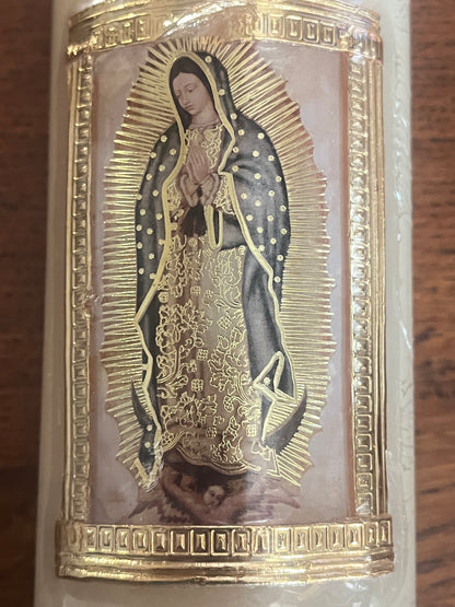 Our Lady of Guadalupe image on beeswax candle with gold embossed border and intricate detailing