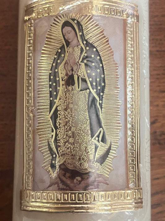 Our Lady of Guadalupe image on beeswax candle with gold embossed border and intricate detailing
