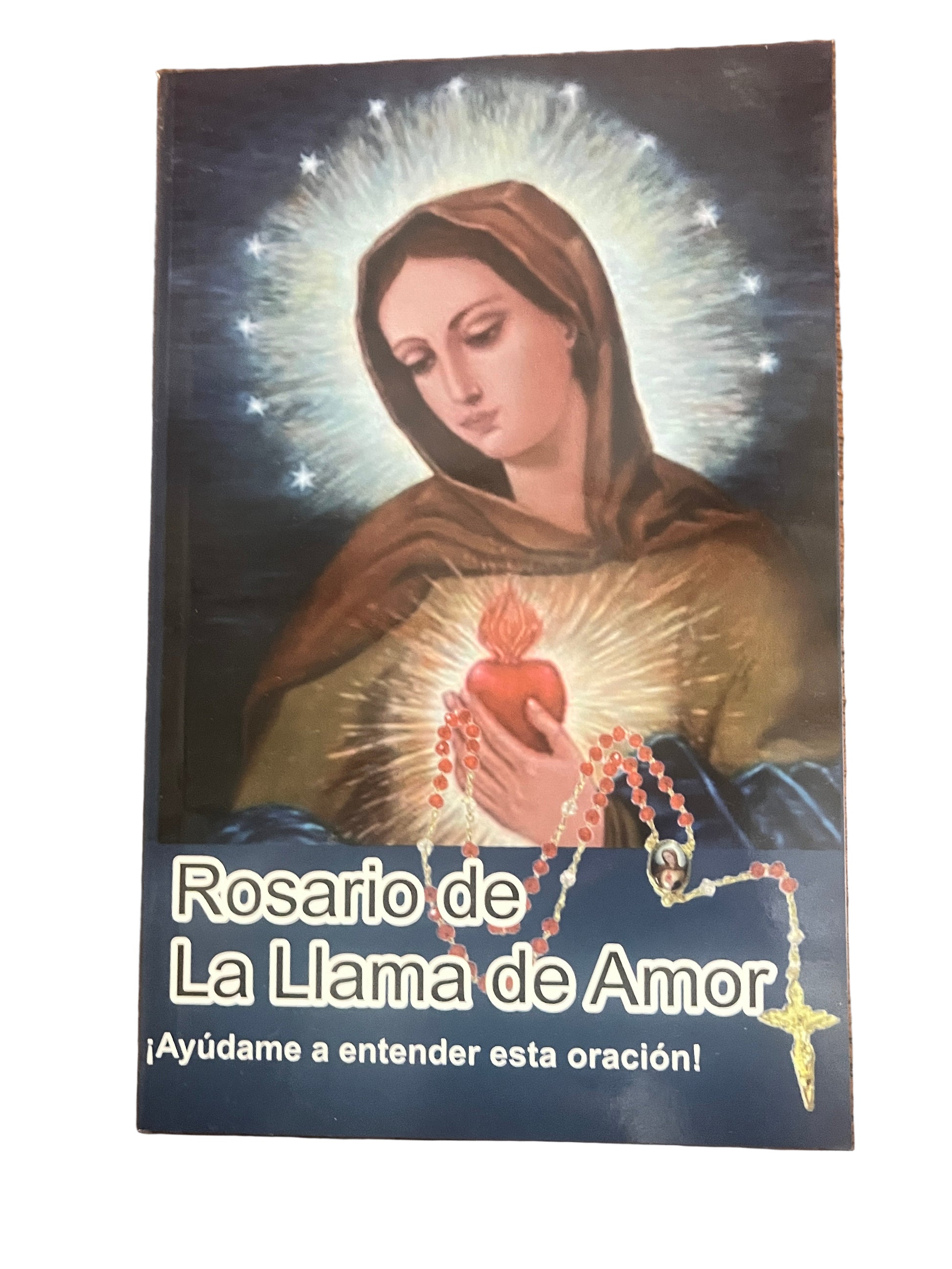 Book cover of Rosario de la Llama de Amor prayer booklet with Virgin Mary holding flaming heart and rosary beads