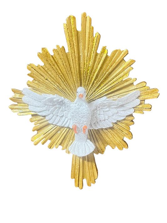 White dove Holy Spirit plaque with detailed wings and gold radiant background on white surface